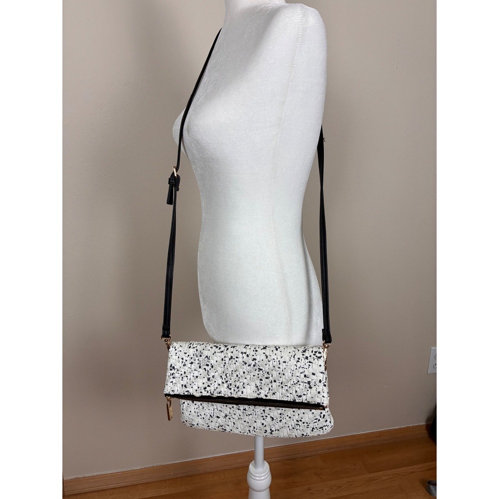 Deux Lux Woven Splatter Paint Foldover Crossbody Bag Black White Gold Hardware